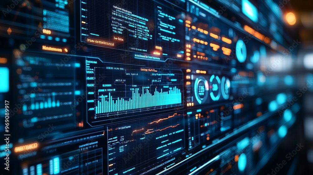 Futuristic data visualization interface showcasing vibrant graphs and metrics in a high-tech environment.