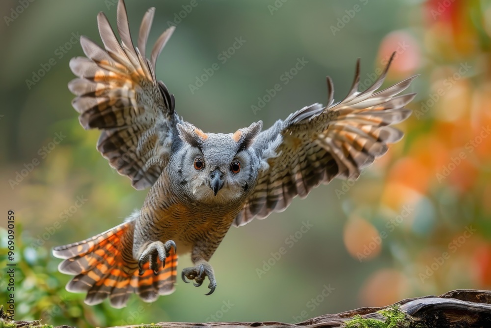 Obraz premium Majestic Flying Owl in Mid-Air with Outstretched Wings in Natural Habitat