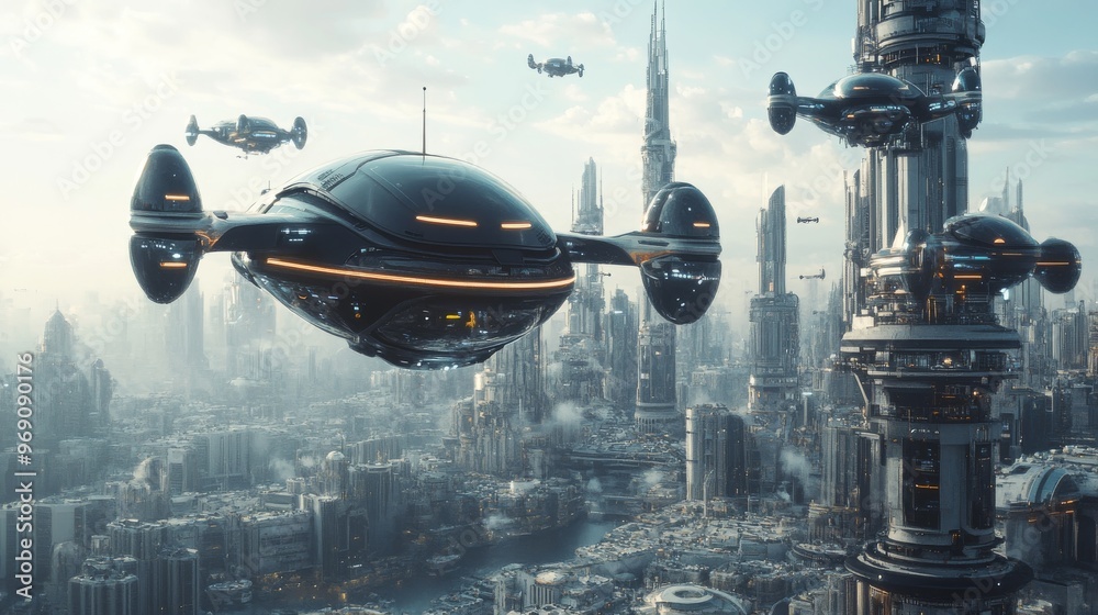 Futuristic Cityscape with AI-Managed Air Traffic: Flying vehicles in a futuristic city, guided by AI-controlled air traffic systems.