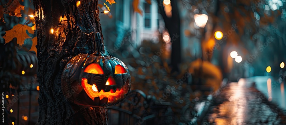 Halloween pumpkin suspended from a tree. with copy space image. Place for adding text or design