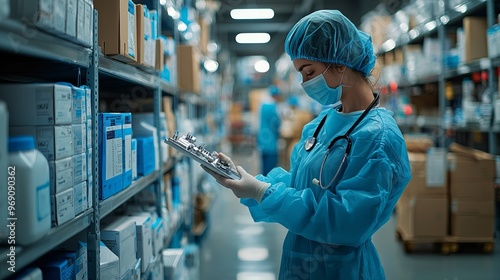 A healthcare professional in a blue gown reviewing medication in a pharmacy warehouse filled with shelves of products.