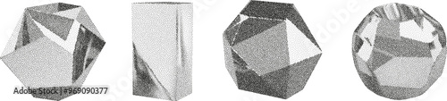 3D vector gradient geometric shapes with noise effect. Cube, cylinder, triangle, rhombus with grainy dot texture.