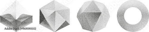 3D vector gradient geometric shapes with noise effect. Cube, cylinder, triangle, rhombus with grainy dot texture.