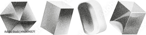 3D vector gradient geometric shapes with noise effect. Cube, cylinder, triangle, rhombus with grainy dot texture.