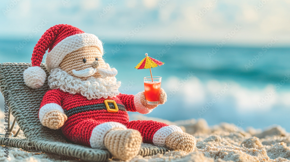 Fototapeta premium Crochet Santa Claus relaxing on a beach chair holding a tropical cocktail with an ocean background.