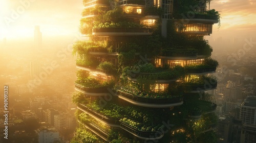 Autonomous AI-powered urban farming towers for high-density food production: Vertical farming systems in cities growing fresh produce managed by AI to ensure optimal yield. #969091332