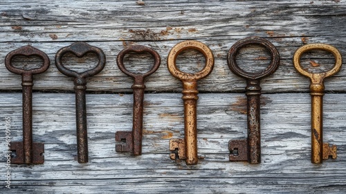 Rusted antique keys on weathered wood