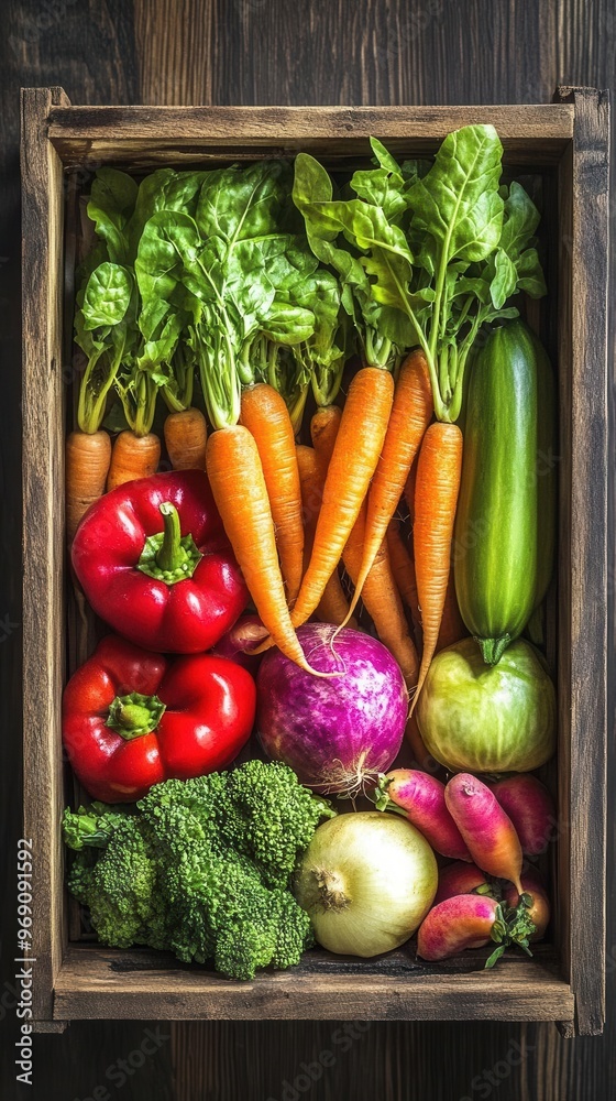 Freshly harvested vegetables arranged in a wooden crate, ready for distribution, freshly harvested, farm-fresh Freshly harvested vegetables arranged in a wooden crate, ready for distribution, freshly harvested, farm-fresh