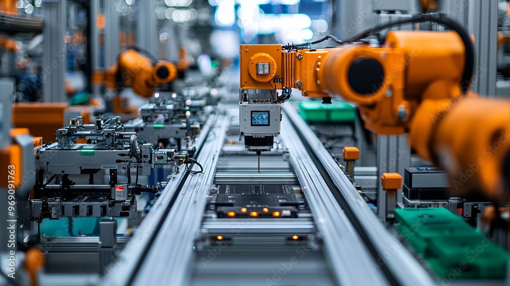 Fototapeta premium Advanced robotic assembly line with orange robotic arms automating production processes in a modern factory environment.