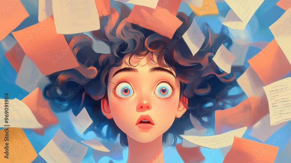 Φωτογραφία A woman with a big head and lots of papers flying around her, AI