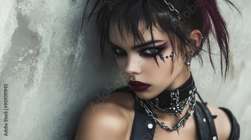 Fashion punk look with bold makeup, leather, and chains, capturing the rebellious spirit, fashion punk, edgy style. photo