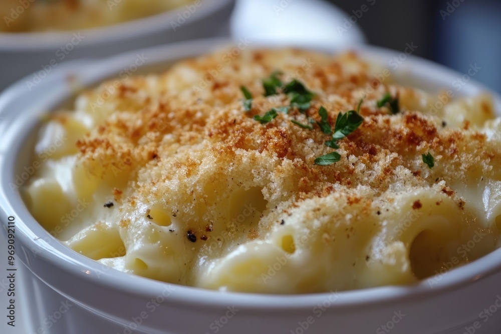 A close - up of creamy mac and cheese with crispy breadcrumbs topping, served in a white ceramic dish A close - up of creamy mac and cheese with crispy breadcrumbs topping, served in a white ceramic dish