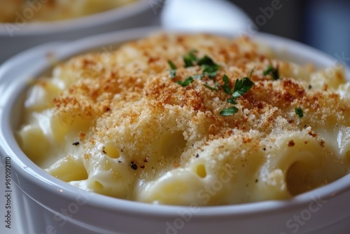 A close - up of creamy mac and cheese with crispy breadcrumbs topping, served in a white ceramic dish