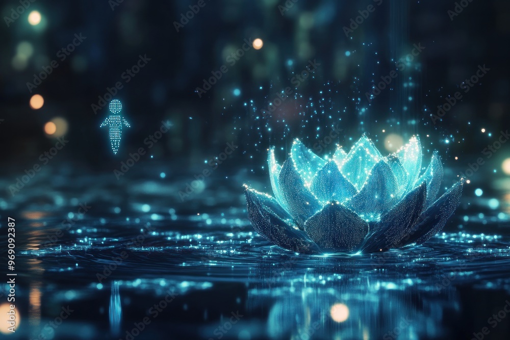 A Glowing Blue Lotus Flower Made of Light Particles Floating on Water A Glowing Blue Lotus Flower Made of Light Particles Floating on Water