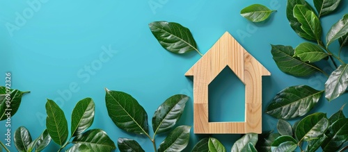 Investment in sustainable eco friendly and green home living concepts Model of a wooden house with growing leaves set against a blue background. with copy space image. Place for adding text or design photo