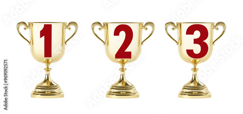 Set of gold winner cup cut out and isolated on transparent background, png.  Winner trophy seats 1 2 3. Can be used as a symbol associated with a tournament or prize, championship. Sports achievement. photo