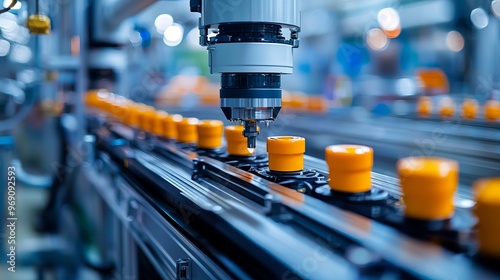 Close-up of an industrial robot arm working on a production line with orange caps, showcasing automation in manufacturing.