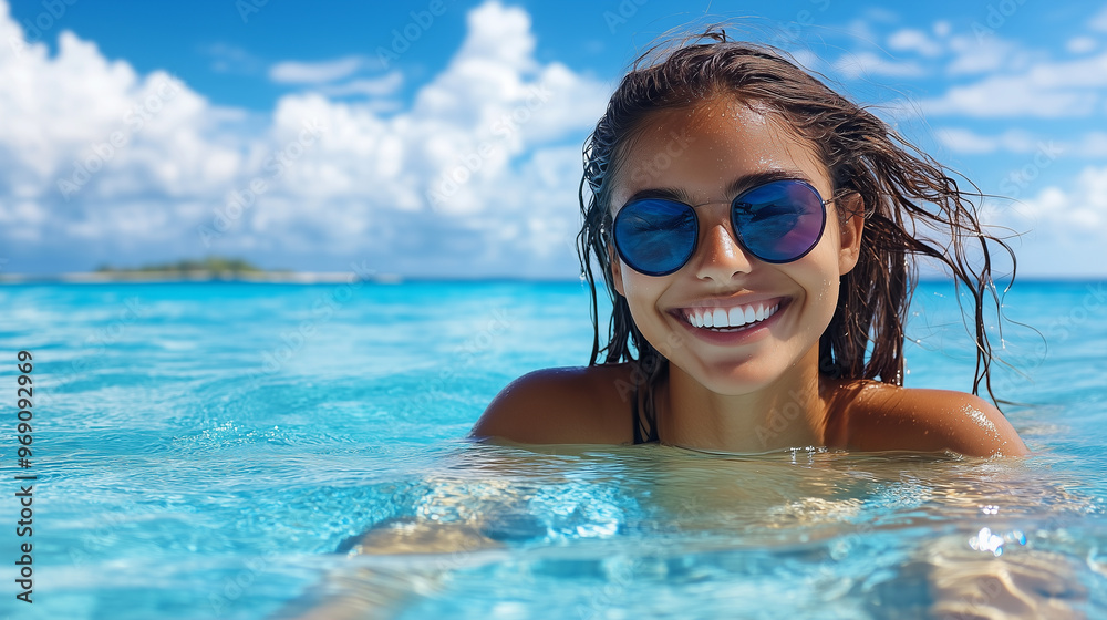 Naklejka premium 海に浸かって笑うサングラスを掛けた女性。