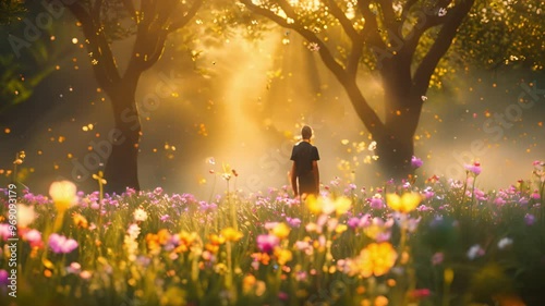 Sunlight Through Trees in a Field of Flowers