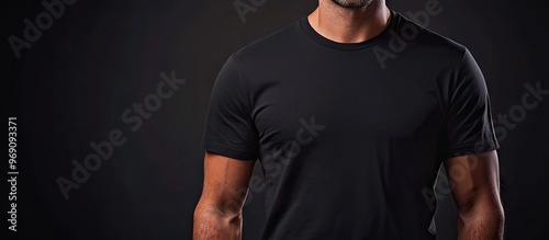 Man in a plain black shirt with copy space isolated T shirt design and fashion idea for individuals close up of a man in a blank shirt Suitable for mock up template design Front view