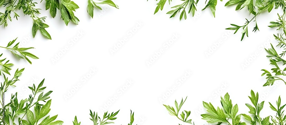 Fototapeta premium Herbal frame with Artemisia absinthium absinthe absinthium wormwood leaves on a white background copyspace