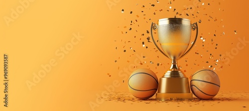 Gold championship trophy and basketball trophy on orange background and gold confetti, sports banner with copy space. Winner trophy on festive background. Basketball final, gold 3d first place award.