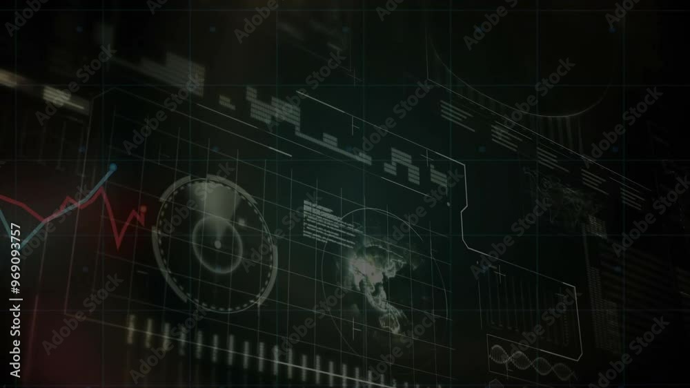 Animation of financial data processing with globe and world map on black background Animation of financial data processing with globe and world map on black background