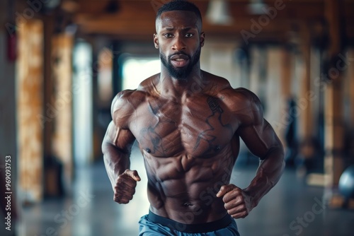 Muscular Man Working Out in Gym, Focused Fitness Training in Modern Facility photo