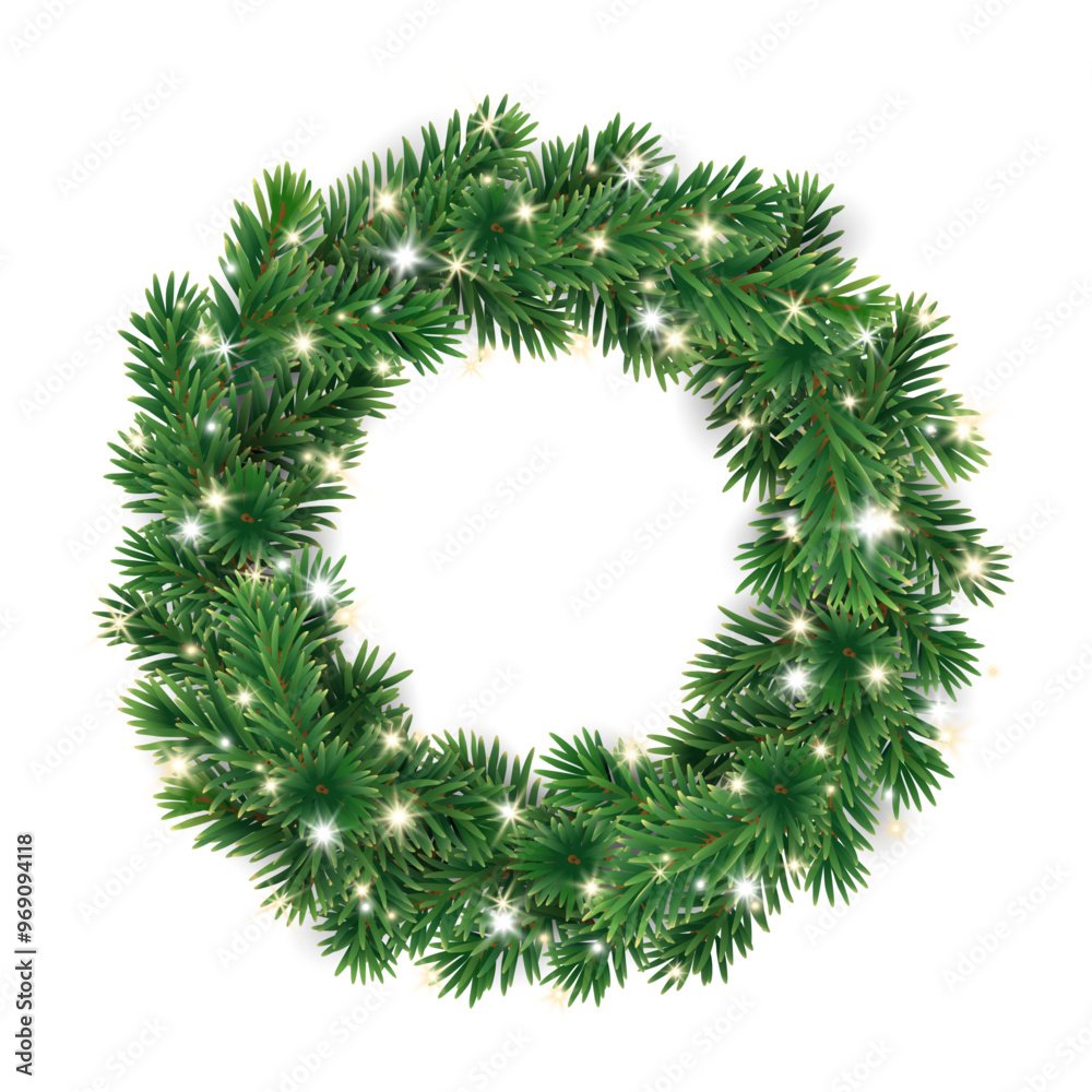 Christmas wreath with glowing Christmas lights. Christmas tree decoration. Holiday fir tree garland. Festive winter season frame, realistic spruce branches. Transparent background in vector file.
