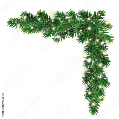 Christmas tree decoration. Holiday fir tree garland, festive Christmas corner. Winter season frame, realistic spruce branch with glowing Christmas lights. Transparent background in vector file.