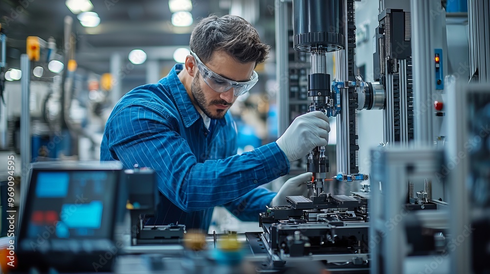 Skilled technician working in a modern manufacturing facility, repairing machinery with precision and safety equipment. Skilled technician working in a modern manufacturing facility, repairing machinery with precision and safety equipment.