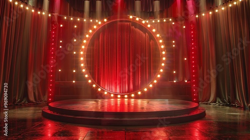 red circus podium on a 3d stage with vintage lights and a carnival curtain, perfect for theater arena shows, spotlight bulbs, and ringmaster rings, ideal for cirque performances and party cinema setup