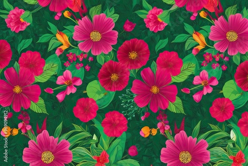 Vibrant Floral Garden Background with Lush Green and Magenta Blooming Abstract Texture