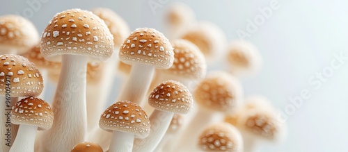 Fresh brown and white shimeji mushrooms on a gray backdrop Edible mushrooms cultivated in Asia. with copy space image. Place for adding text or design