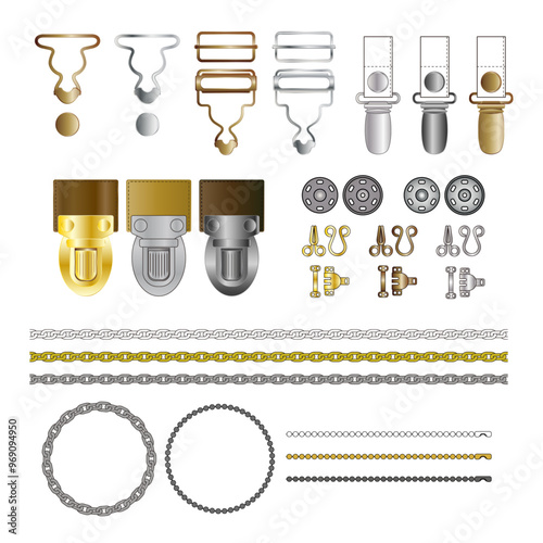 A collection of metal buckles for decorating and tailoring clothes, shoes, bags.
Seamless brush set of isolated metal chain parts and elements in vector format.