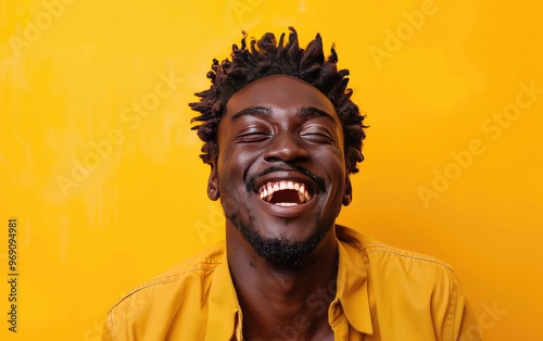 African man laughing heartily, isolated on yellow background, JPG Portrait image.