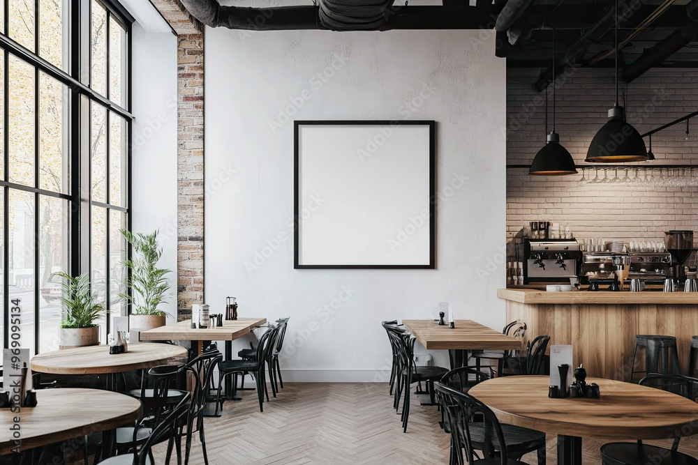 A white wall with an empty poster frame in the middle of a coffee shop, light wood tables and black metal chairs, large windows on one side. Created with Ai A white wall with an empty poster frame in the middle of a coffee shop, light wood tables and black metal chairs, large windows on one side. Created with Ai
