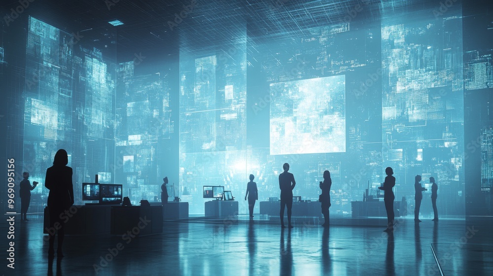 Futuristic cloud-based workspace with holographic displays: Workers collaborating through cloud-based holograms in a virtual office. Futuristic cloud-based workspace with holographic displays: Workers collaborating through cloud-based holograms in a virtual office.