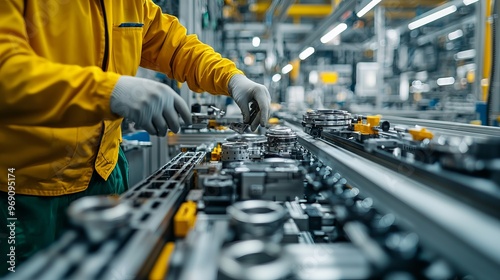 A worker uses tools on an assembly line in a modern manufacturing facility, showcasing precision and teamwork in production.