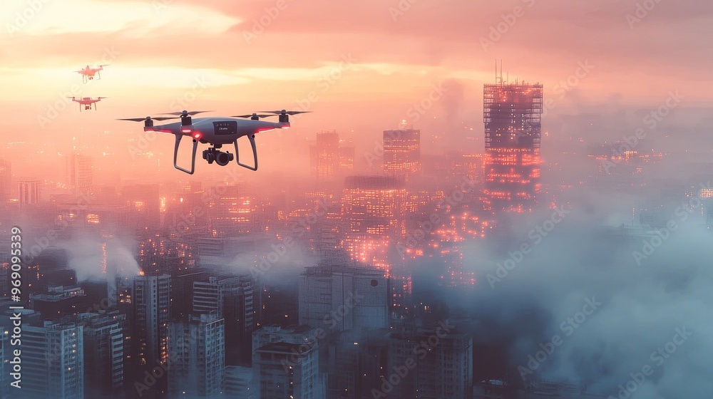 Autonomous AI drones monitoring environmental pollution and providing real-time data: Drones flying over a city, collecting data on air and water quality. Autonomous AI drones monitoring environmental pollution and providing real-time data: Drones flying over a city, collecting data on air and water quality.
