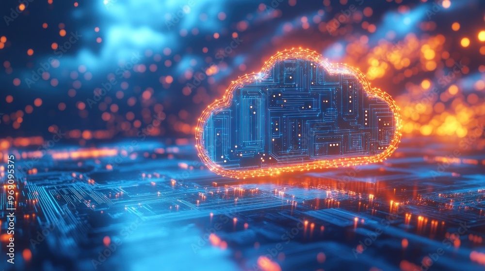 Glowing Cloud Symbol Over Abstract Circuit Board Background Glowing Cloud Symbol Over Abstract Circuit Board Background