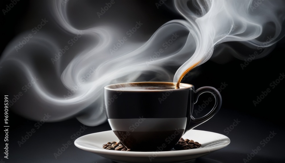 A steaming cup of black coffee with visible steam curls, set against a dark background with dramatic lighting, highlighting the rich aroma and warmth of a freshly brewed beverage.. AI Generation A steaming cup of black coffee with visible steam curls, set against a dark background with dramatic lighting, highlighting the rich aroma and warmth of a freshly brewed beverage.. AI Generation
