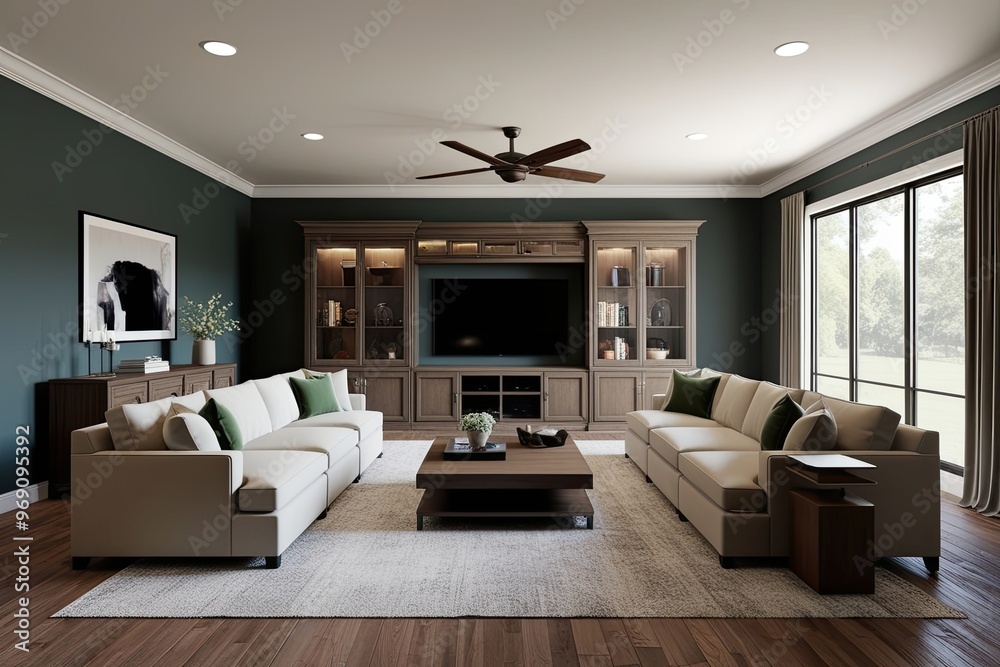 3D Visualization of a Large Family Room with Sectional Sofa and Entertainment Center 3D Visualization of a Large Family Room with Sectional Sofa and Entertainment Center