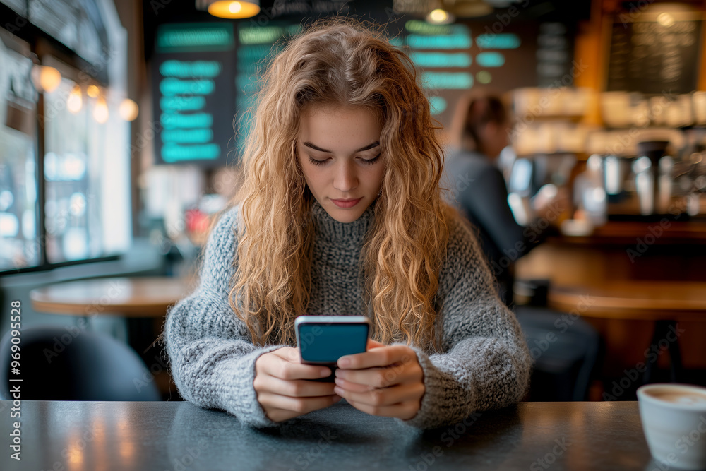 A young woman with long, wavy blonde hair is seated at a wooden table in a cozy café, focused on her smartphone. A young woman with long, wavy blonde hair is seated at a wooden table in a cozy café, focused on her smartphone.