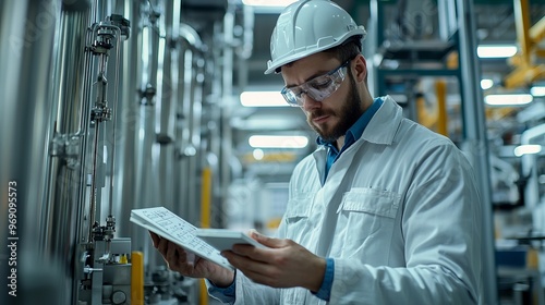 A factory worker in a safety helmet examines equipment manuals in a modern industrial setting, ensuring operational efficiency.