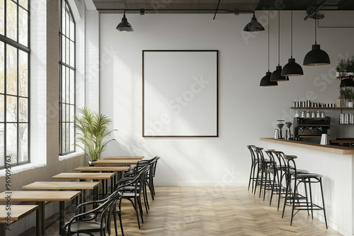  A photo of an empty frame on the wall in a coffee shop  with white walls  black-framed windows  modern architecture. Created with Ai