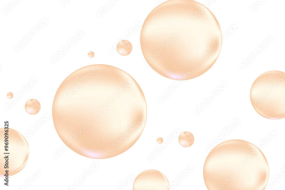 Glowing nude beige liquid 3D bubbles or fluid serum droplets isolated on transparent background. Aesthetic composition for cosmetology, beauty science, skin care molecular concept.