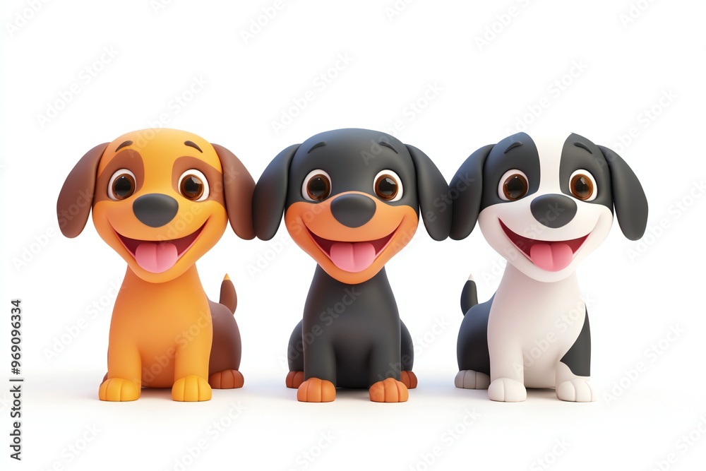 Obraz premium Set of 3D cute happy cartoon dogs, isolated on white background