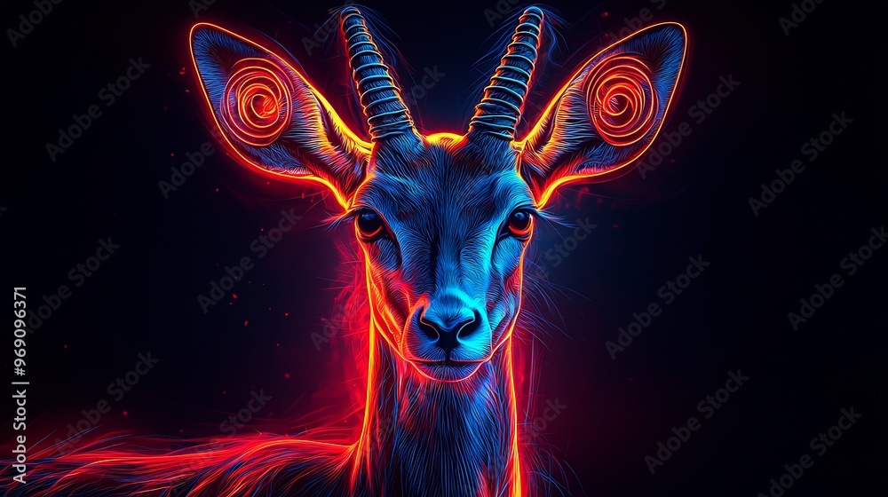 Naklejka premium Semiabstract gazelle with its horns forming neon spirals symbolizing speed agility and survival