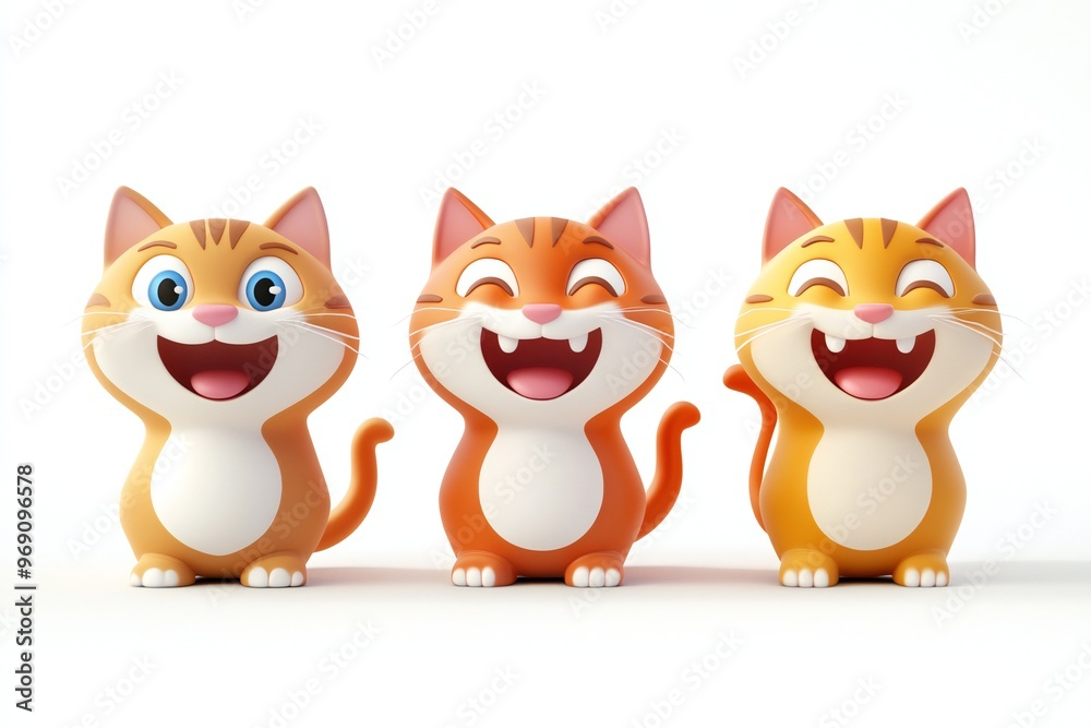 Set of 3D cute happy cartoon cats, isolated on white background Set of 3D cute happy cartoon cats, isolated on white background